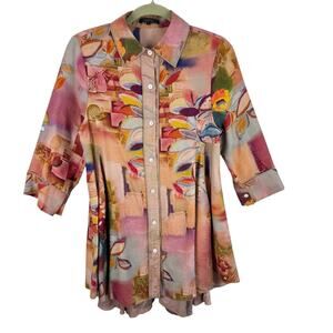 Radzoli Artsy Floral Button Up Collared 3/4 Roll Tab Sleeve Tunic Dress Size S